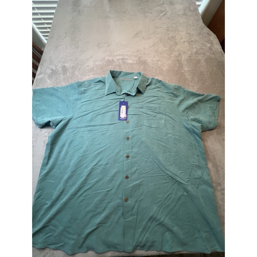 Caribbean Mens Shirt 4XB Aqua Big Tall Button Front Tropical Camp NWT